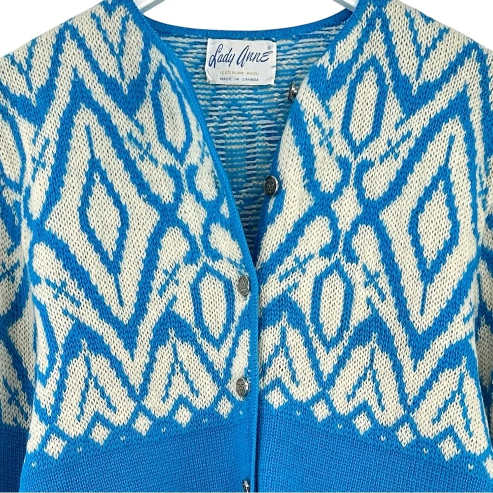 Vintage Made in Canada Lady Anne Blue & White Wool Cardigan Sweater - Picture 3 of 8